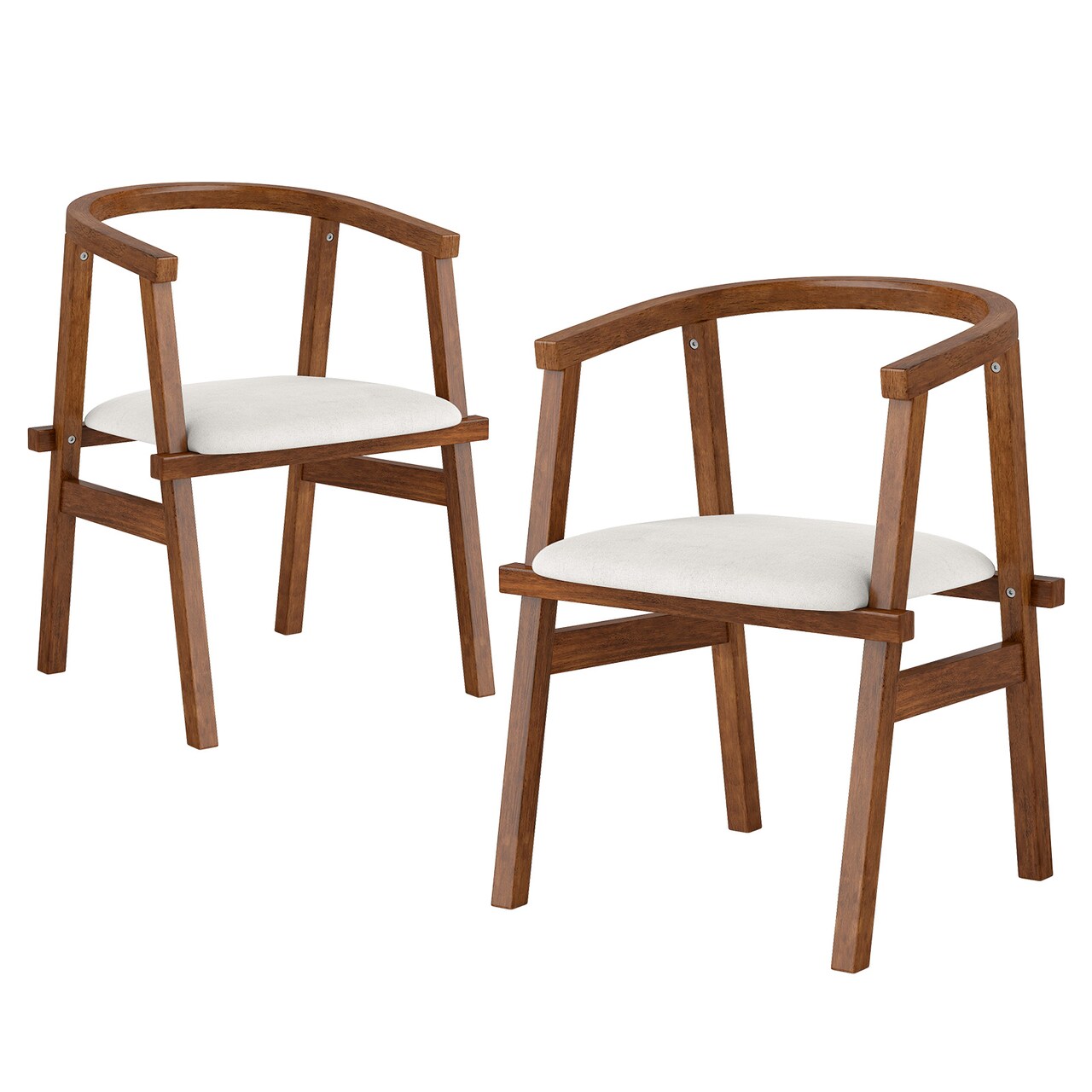 Walnut Rubber Wood Beige Fabric Mid-Century Modern Dining Chairs Set of 2